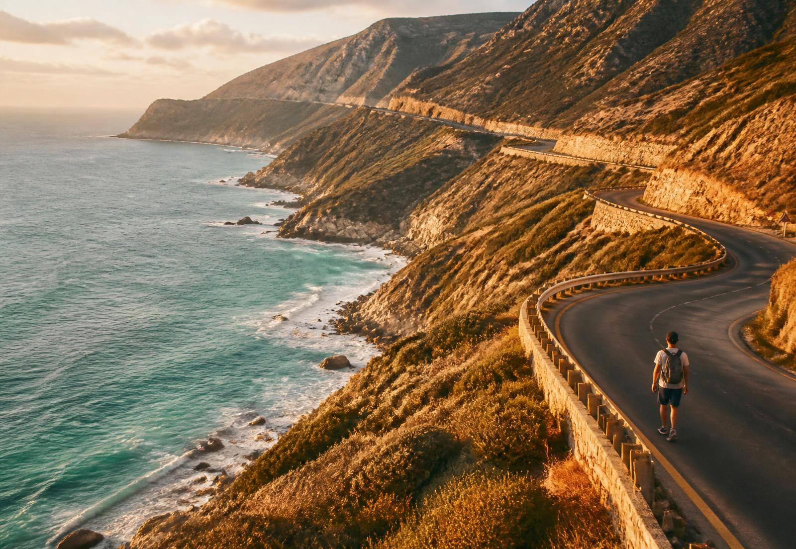 Carretera costera al atardecer con una viajera caminando